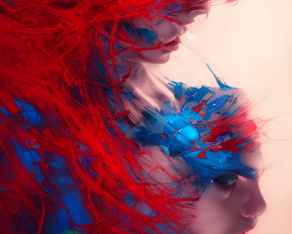 Ethereal digital artwork: two faces with red and blue hair & branch-like adornments