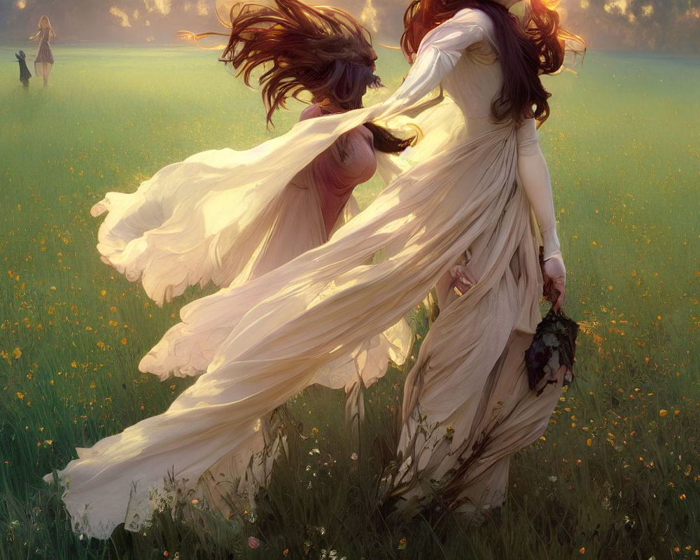 Women dancing in flowing dresses in sunlit field with wildflowers