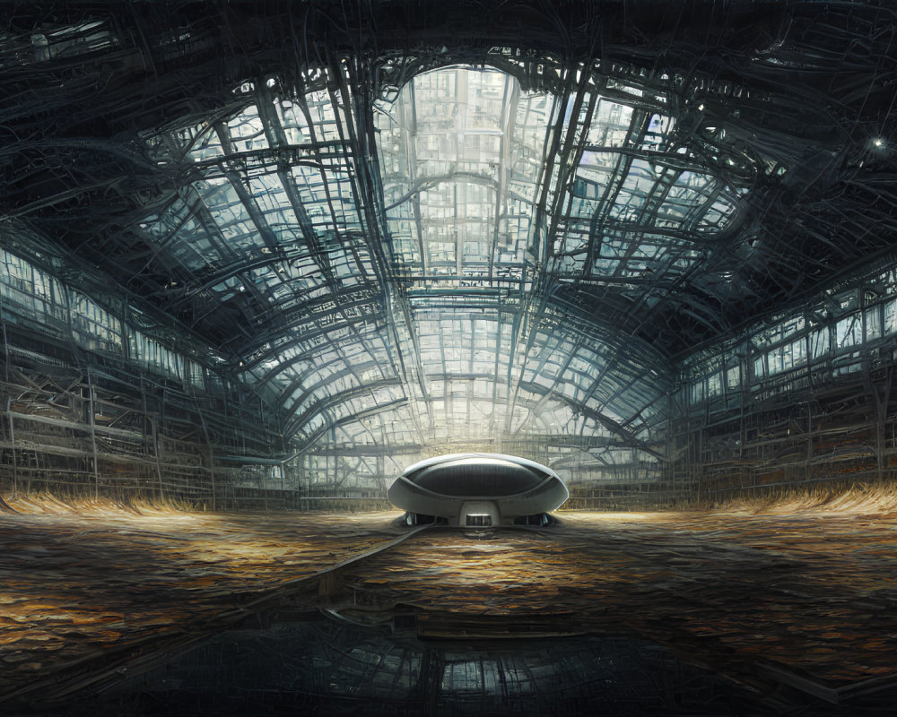 Expansive glass-roofed station with futuristic train and industrial aesthetic
