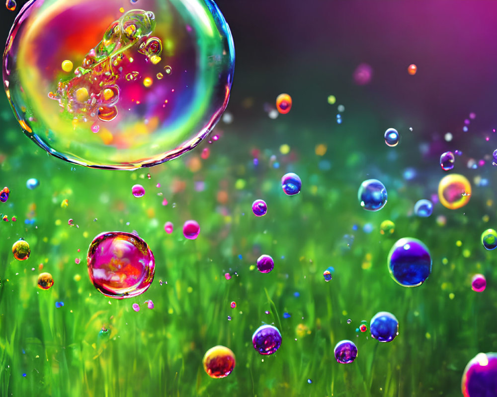 Colorful Soap Bubbles Over Green Meadow with Bokeh Effects