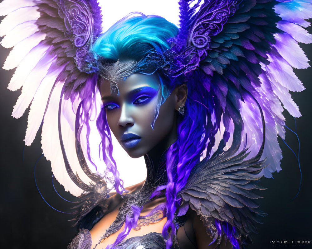 Fantasy portrait featuring person with blue and purple hair, dramatic makeup, winged headdress, and