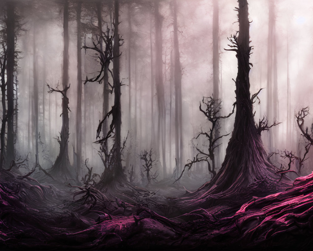 Mystical forest with gnarled trees and purple mist.