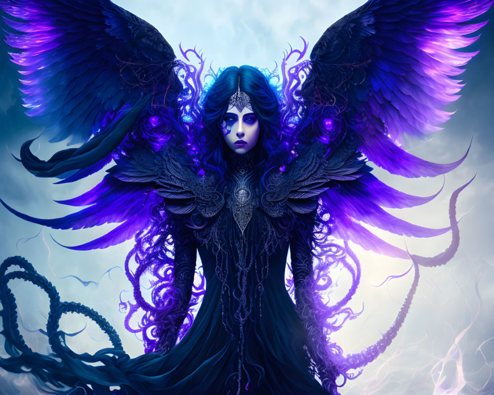 Fantasy figure with dark purple wings and intricate armor in mystical setting