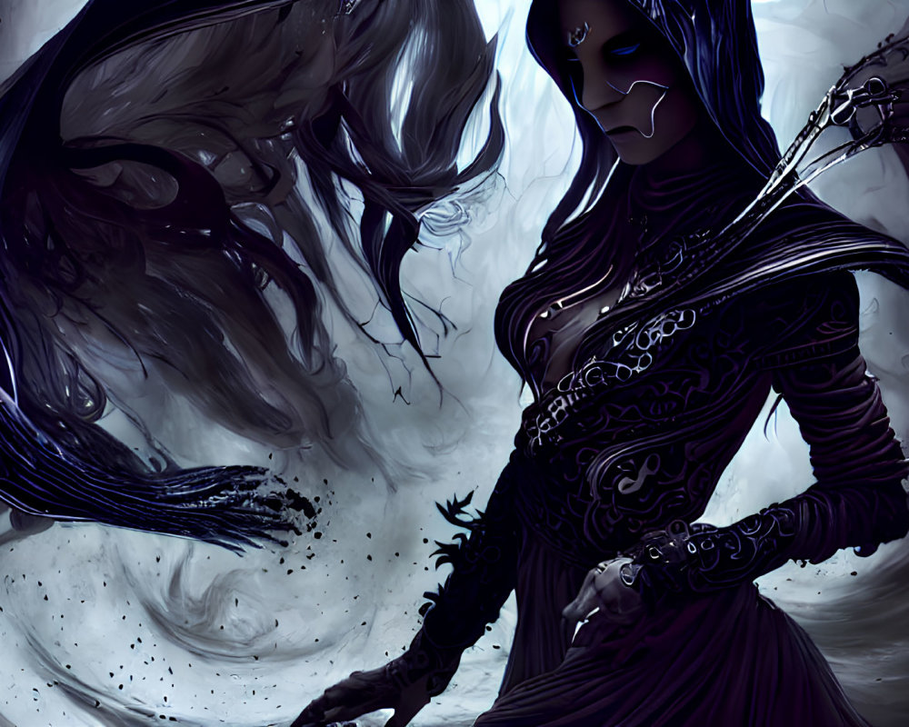 Dark, mystical figure in elaborate armor with swirling shadows and ethereal energy.