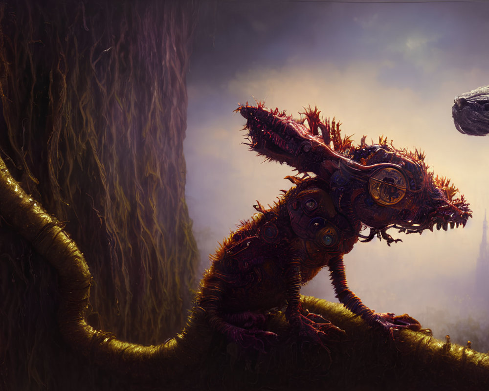 Clockwork creature on branch in mystical forest with castle and floating rock