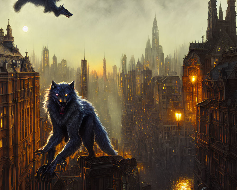 Menacing werewolf on gothic building in dark cityscape at dusk