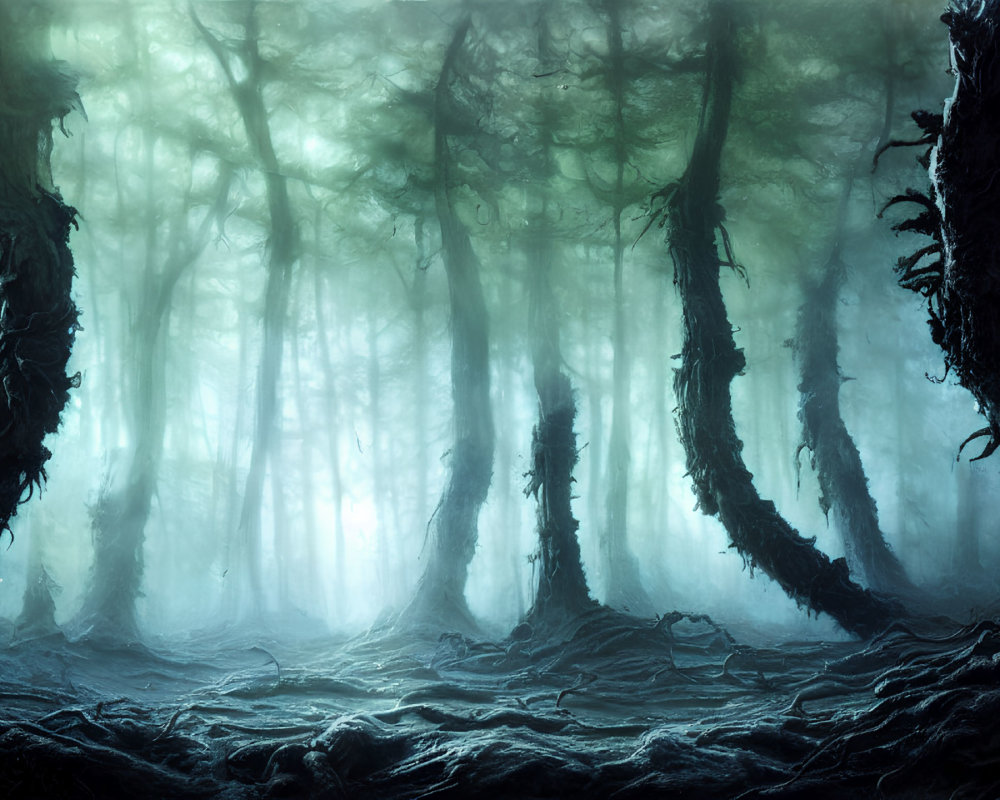 Mystical foggy forest with twisted trees and soft light