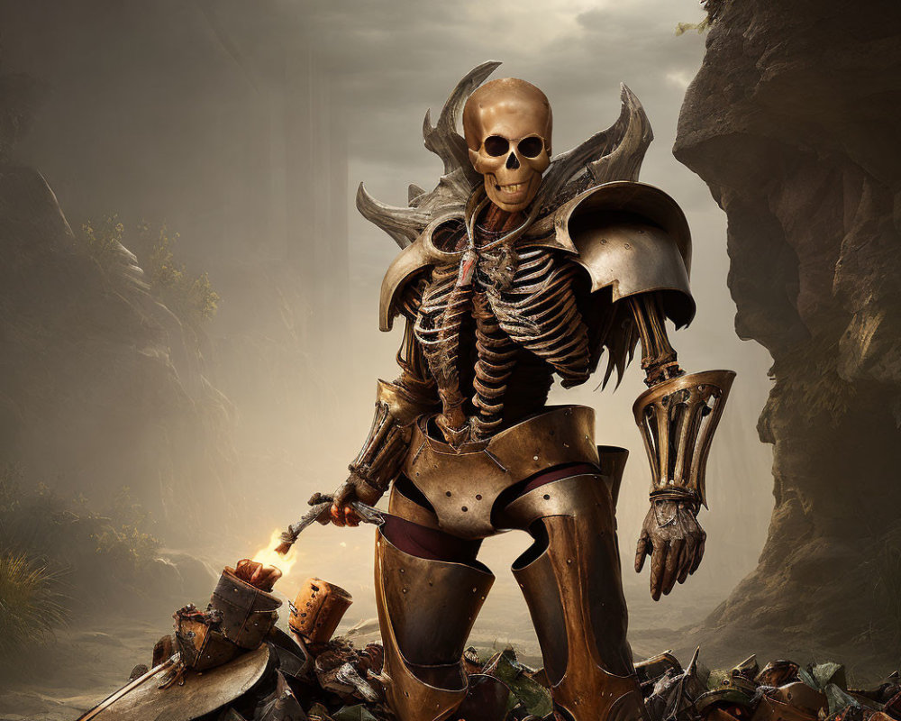 Skeletal knight in ornate armor victorious on battlefield