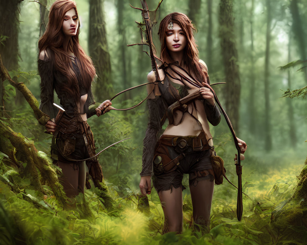 Fantasy female warriors with bow and spear in misty forest