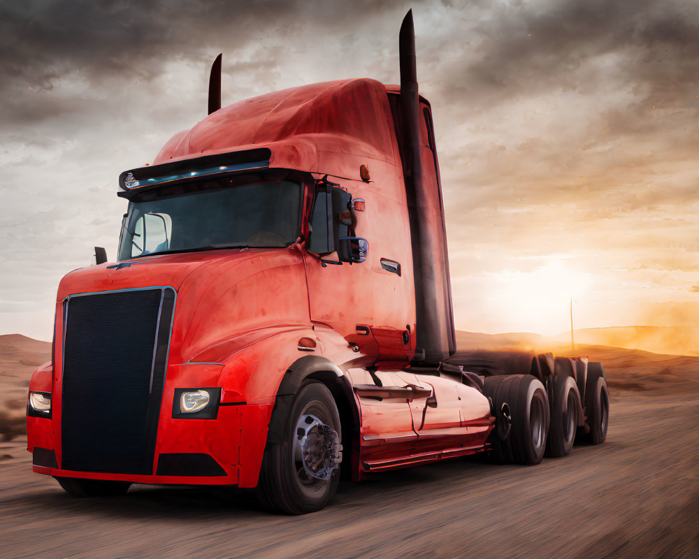 Red semi-truck speeding on desert highway at dramatic sunset