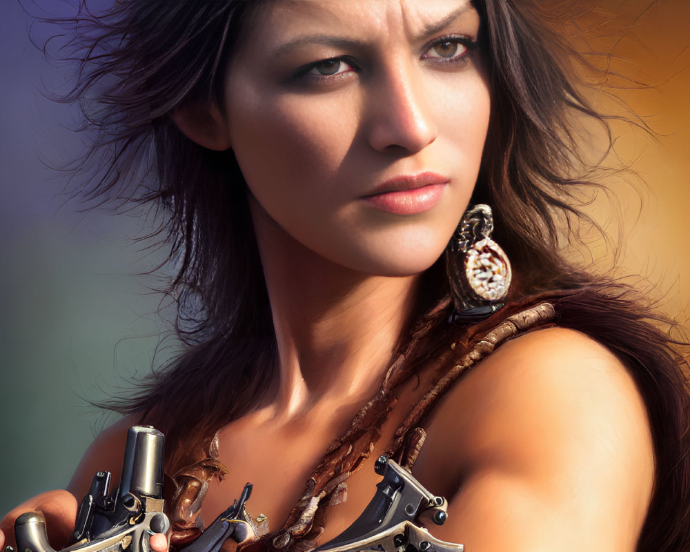 Intense woman with crossbow and ornate earring in warm setting