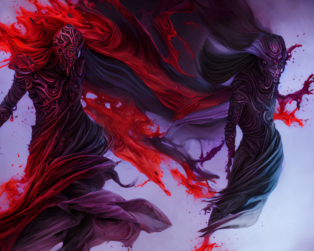 Ethereal figures in dark garments with vivid red splashes