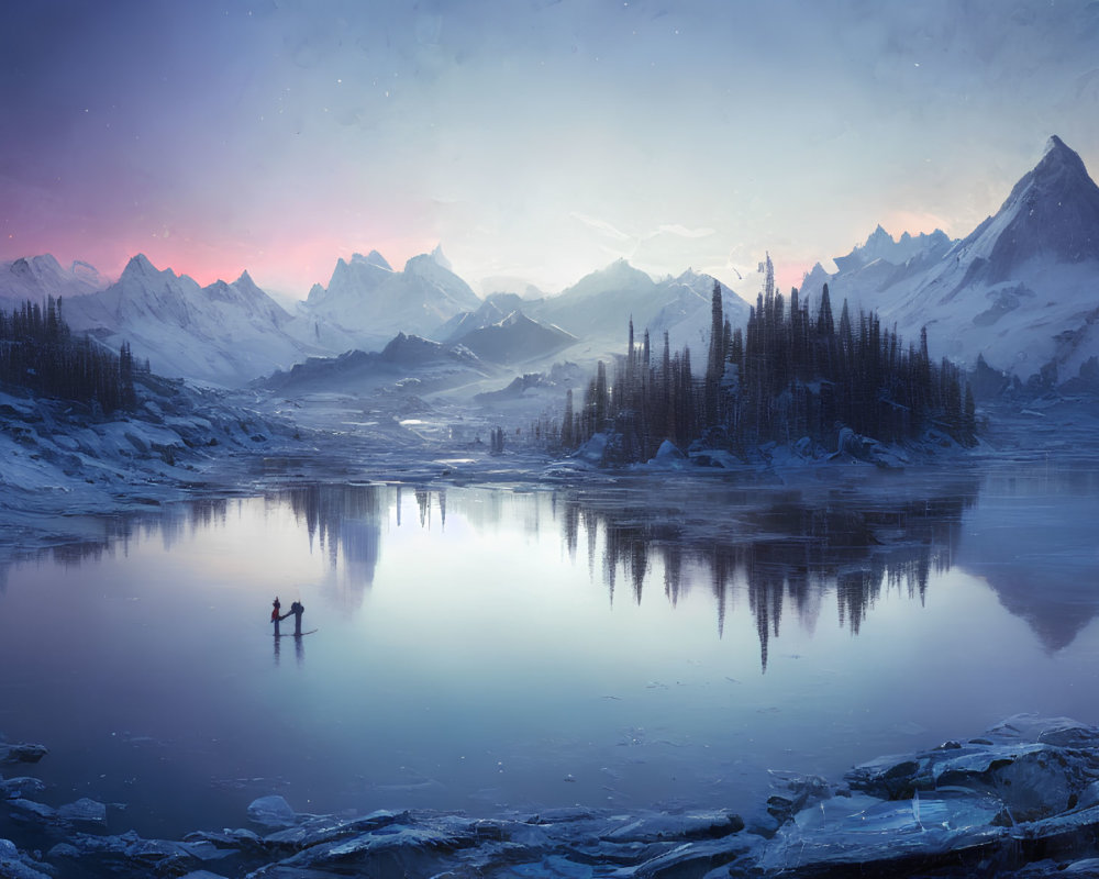 Snowy Twilight Landscape with Figures on Frozen Lake surrounded by Forested Islands and Mountain Peaks