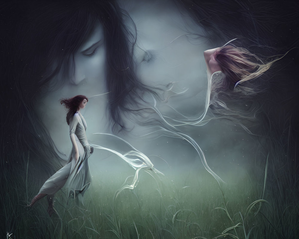 Surreal digital artwork: Woman in white dress merges with giant ethereal face