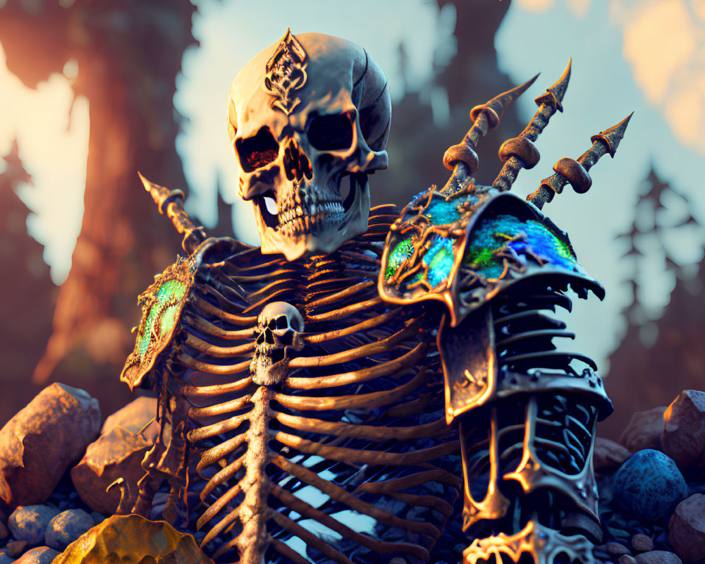 Skeleton warrior in ornate armor amidst bleak landscape with skull-adorned helmet