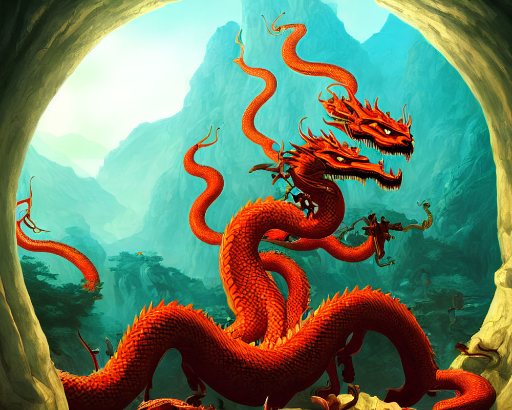 Mythical red dragon with multiple heads in mountainous landscape near a warrior with spear