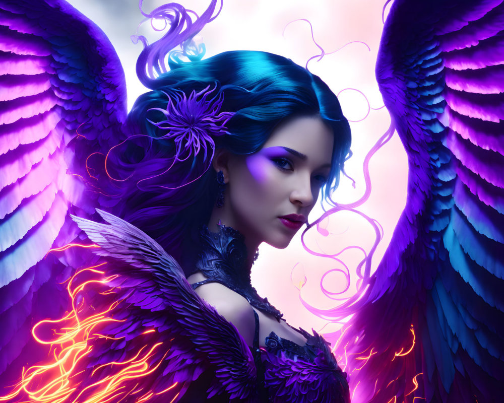 Dark-haired woman with purple wings and glowing backdrop in intricate attire