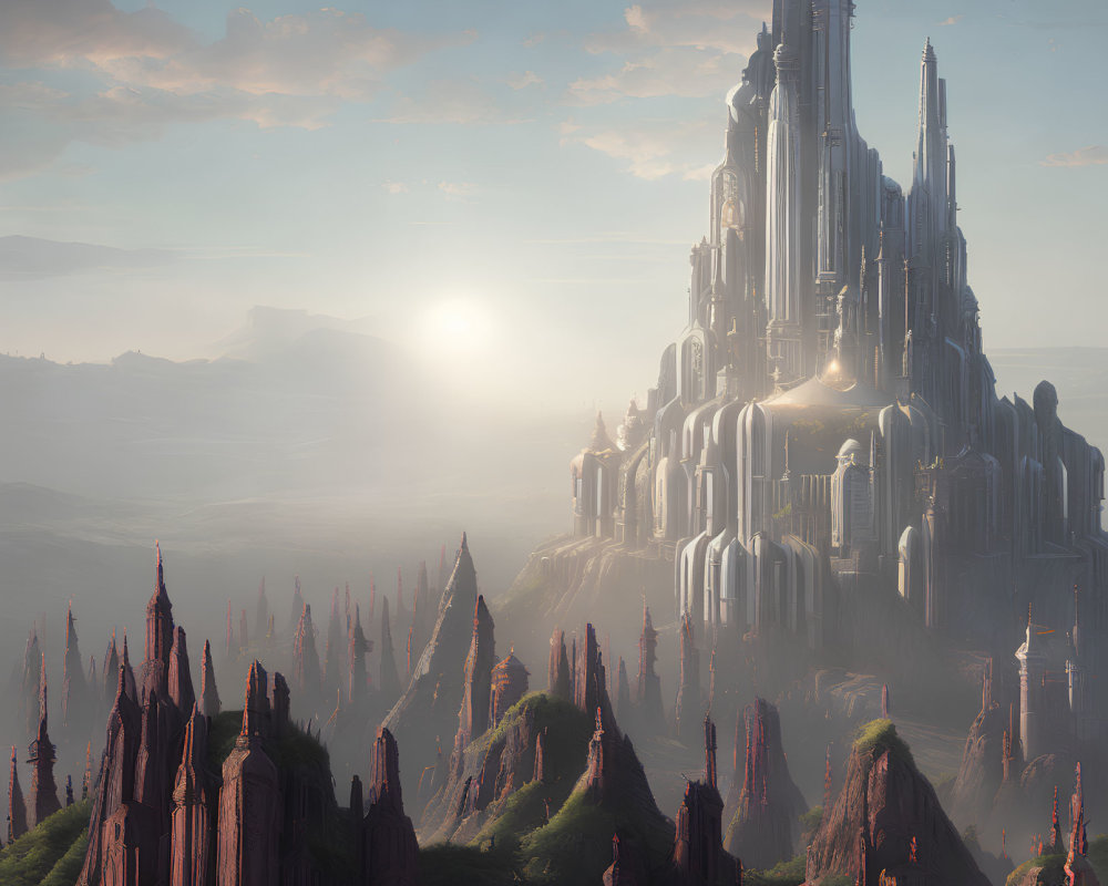 Futuristic cityscape with towering spires and misty mountains