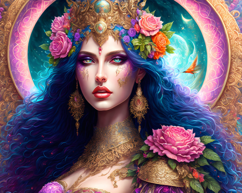 Colorful fantasy illustration: Woman with blue hair, gold accessories, and flowers in celestial setting