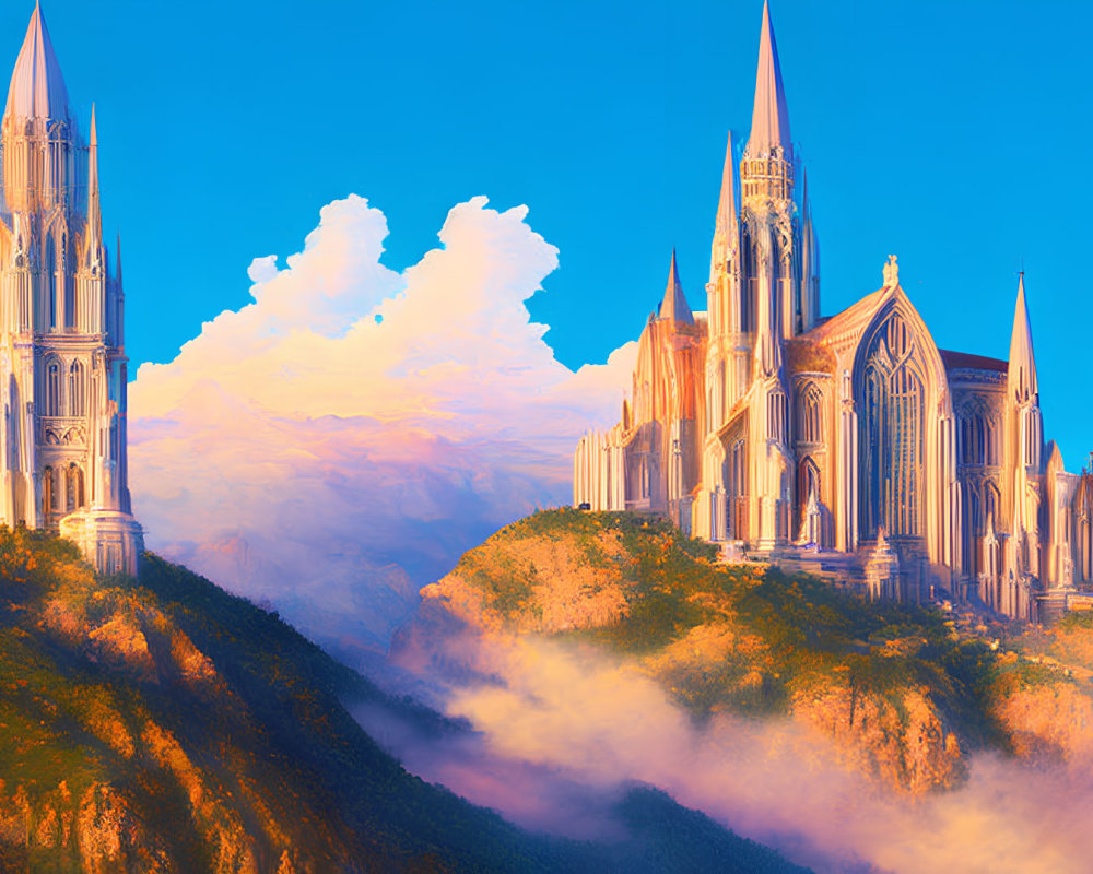Majestic castles on mountain peaks above clouds at sunset