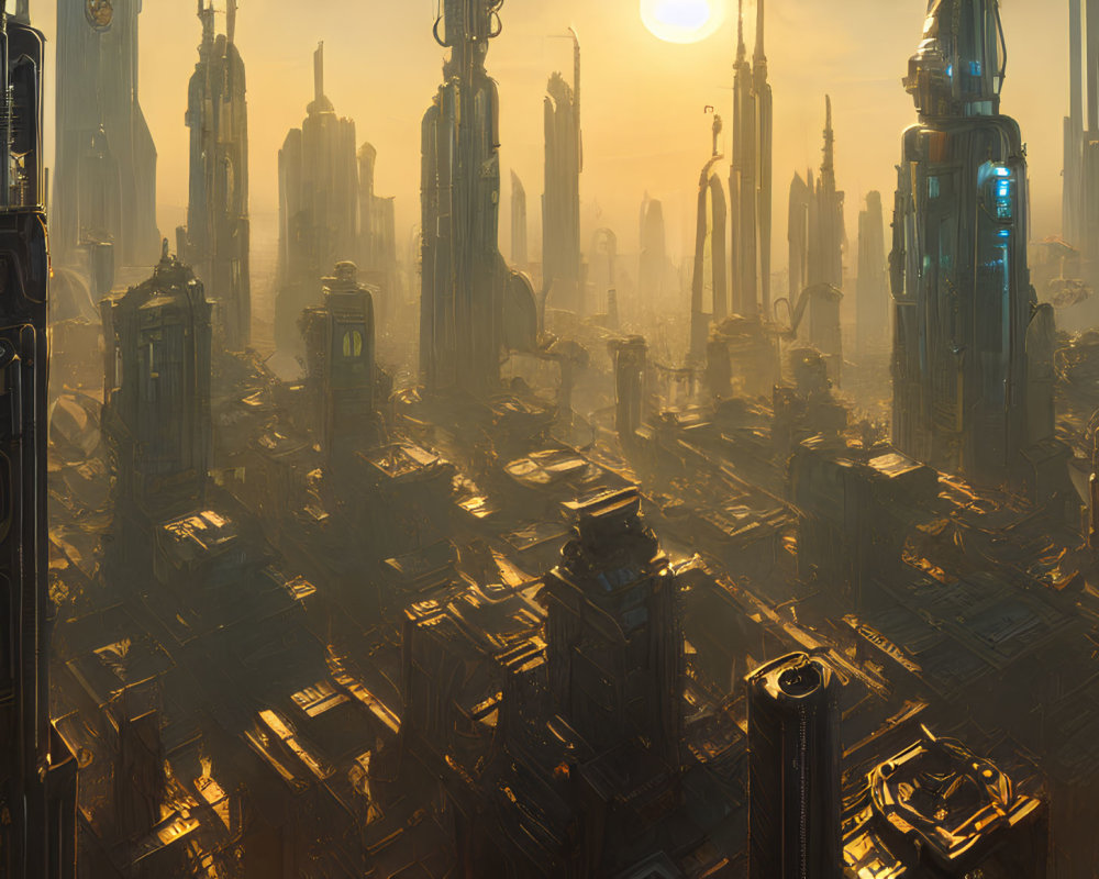 Futuristic cityscape with golden sunlight and skyscrapers