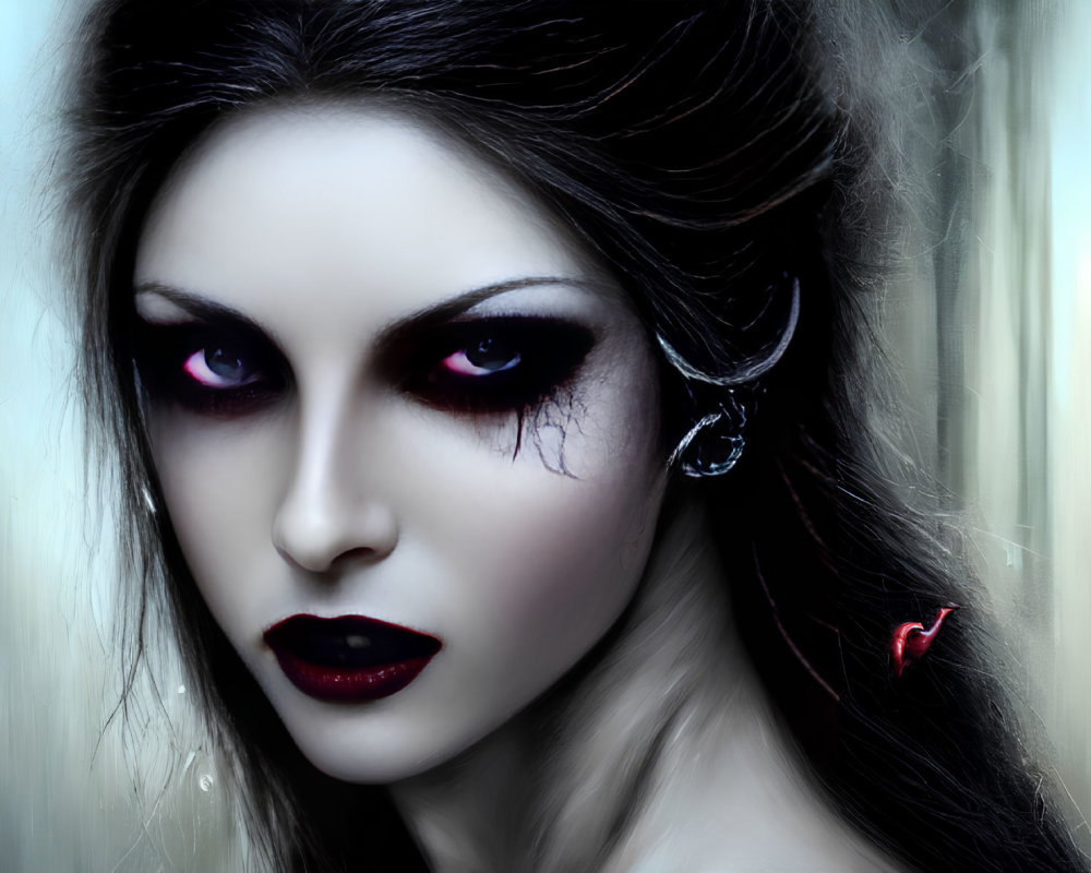 Portrait of woman with pale skin, purple eyes, dark lipstick, gothic style, earring,