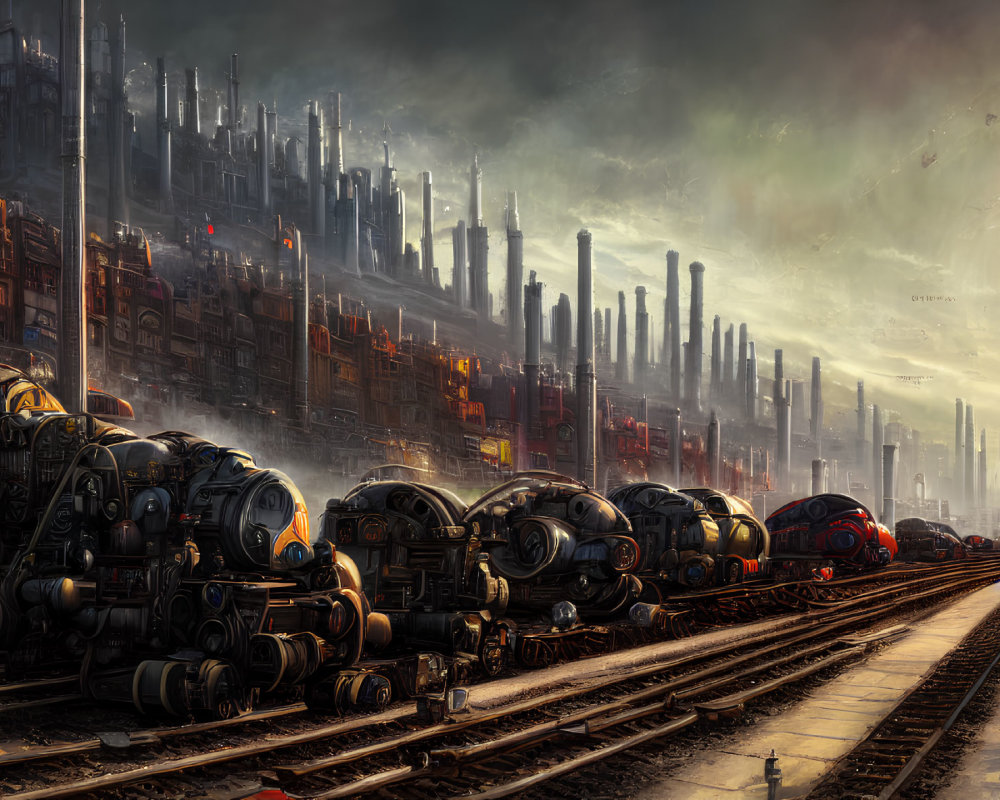 Dystopian landscape with armored locomotives and industrial factories