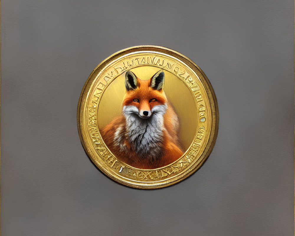Vibrant fox face in golden circle with text and patterns