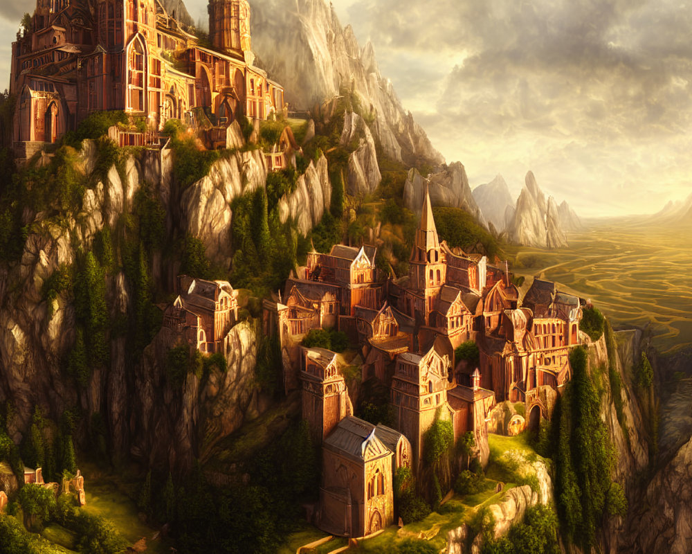 Majestic fantasy castle on rocky cliff overlooking town in lush valley