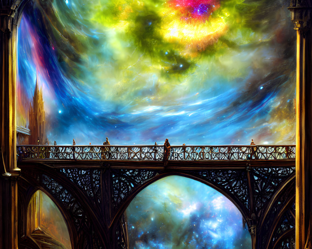 Ornate bridge in cathedral space under colorful nebula sky with figures.