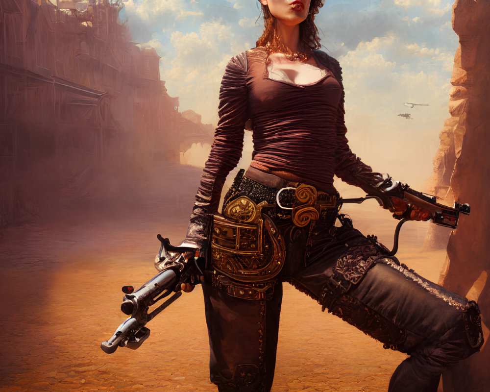 Steampunk woman in corset with pistols in desert landscape.
