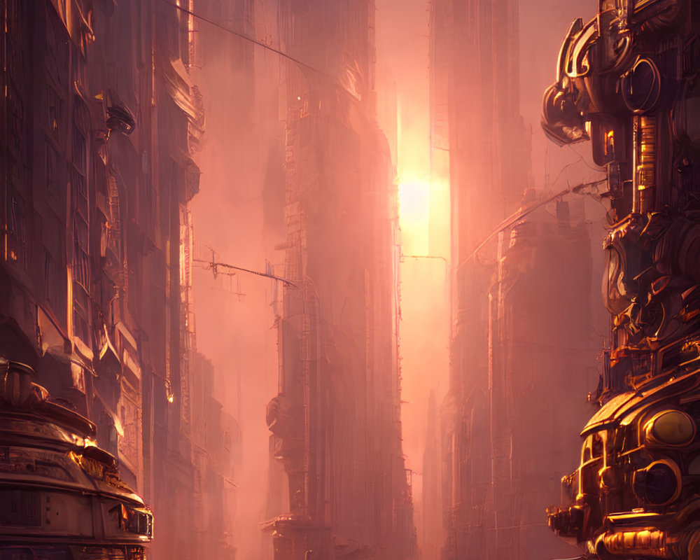 Futuristic cityscape at sunset with towering buildings and intricate machinery.