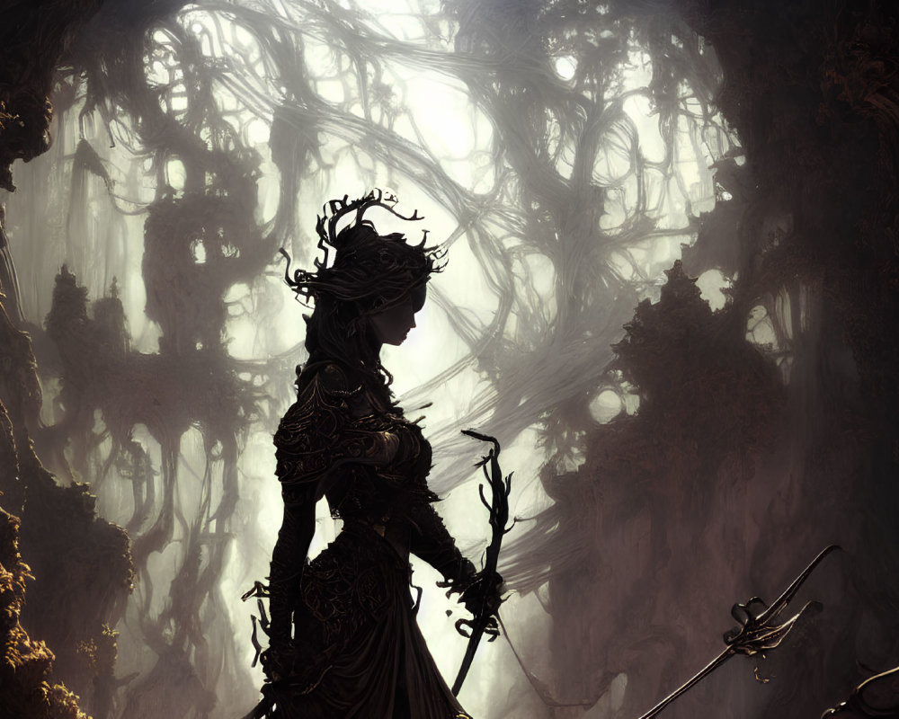 Silhouetted figure in mystical forest with staff and ethereal light