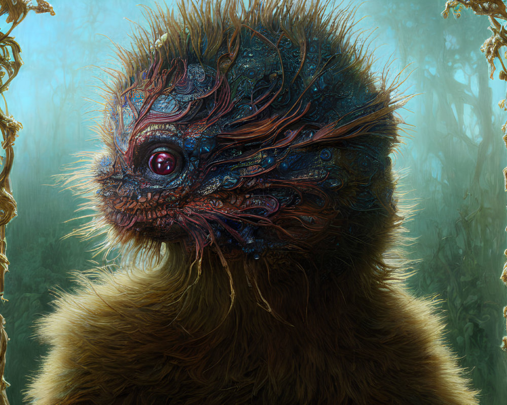 Furry fantastical creature with intricate alien-like face in mystical forest