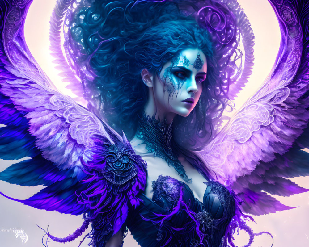 Fantasy image of female figure with dark hair, blue skin, purple wings, and mystical aura