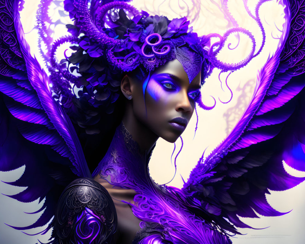 Digital artwork featuring woman adorned with intricate purple feathers.