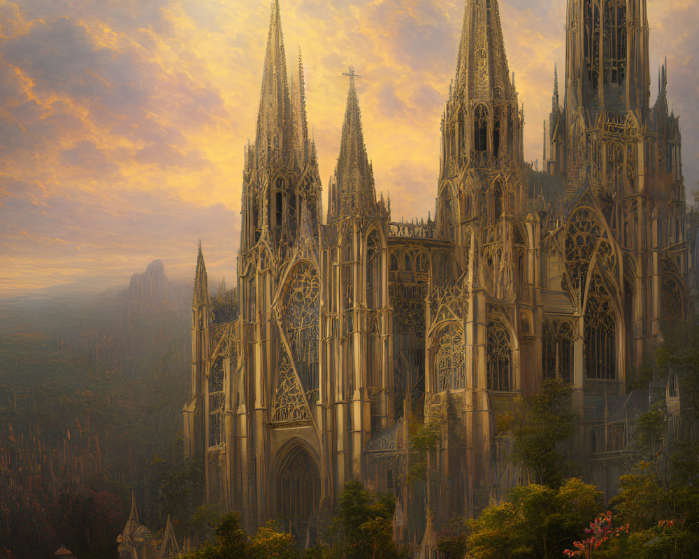Gothic cathedral with intricate spires in lush forest at sunset
