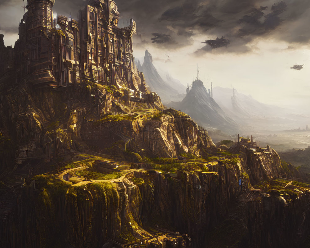 Majestic fantasy mountain castle with spires and towers in a vast landscape.