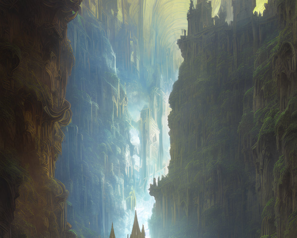 Ethereal fantasy landscape with towering cliffs and waterfalls