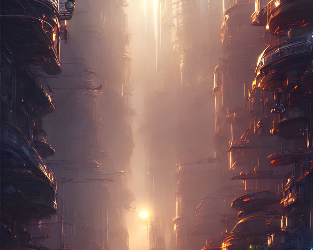 Futuristic cityscape with towering buildings and flying vehicles at sunrise or sunset
