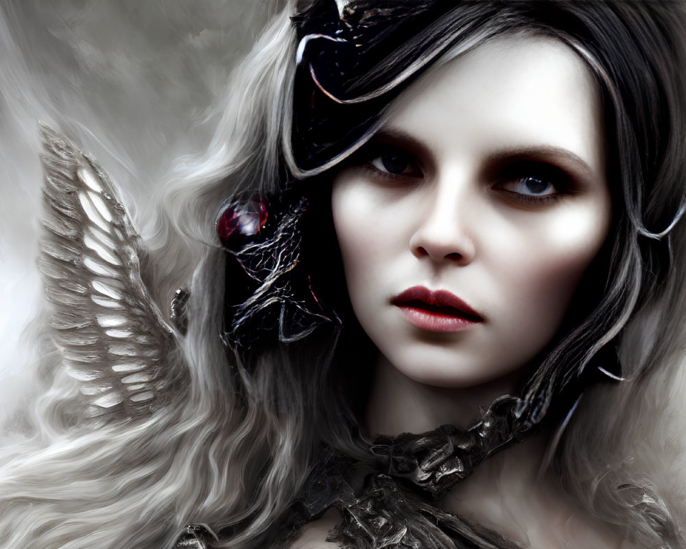 Fantasy portrait of a woman with angelic and demonic features and dark makeup