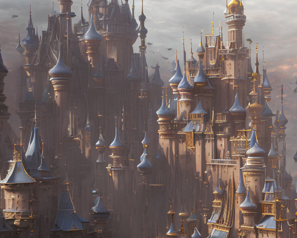 Fantasy castle with golden rooftops and airships in cloudy sky
