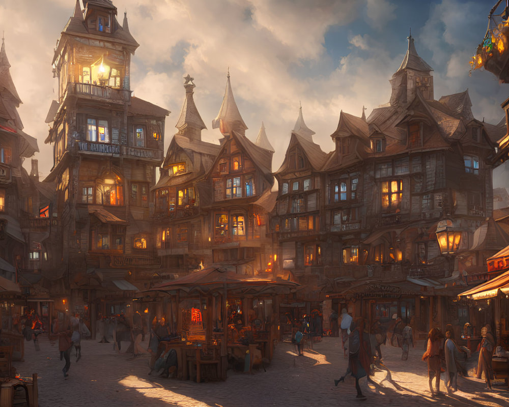 Medieval town at sunset: bustling streets, timber-framed houses, glowing lanterns, period attire