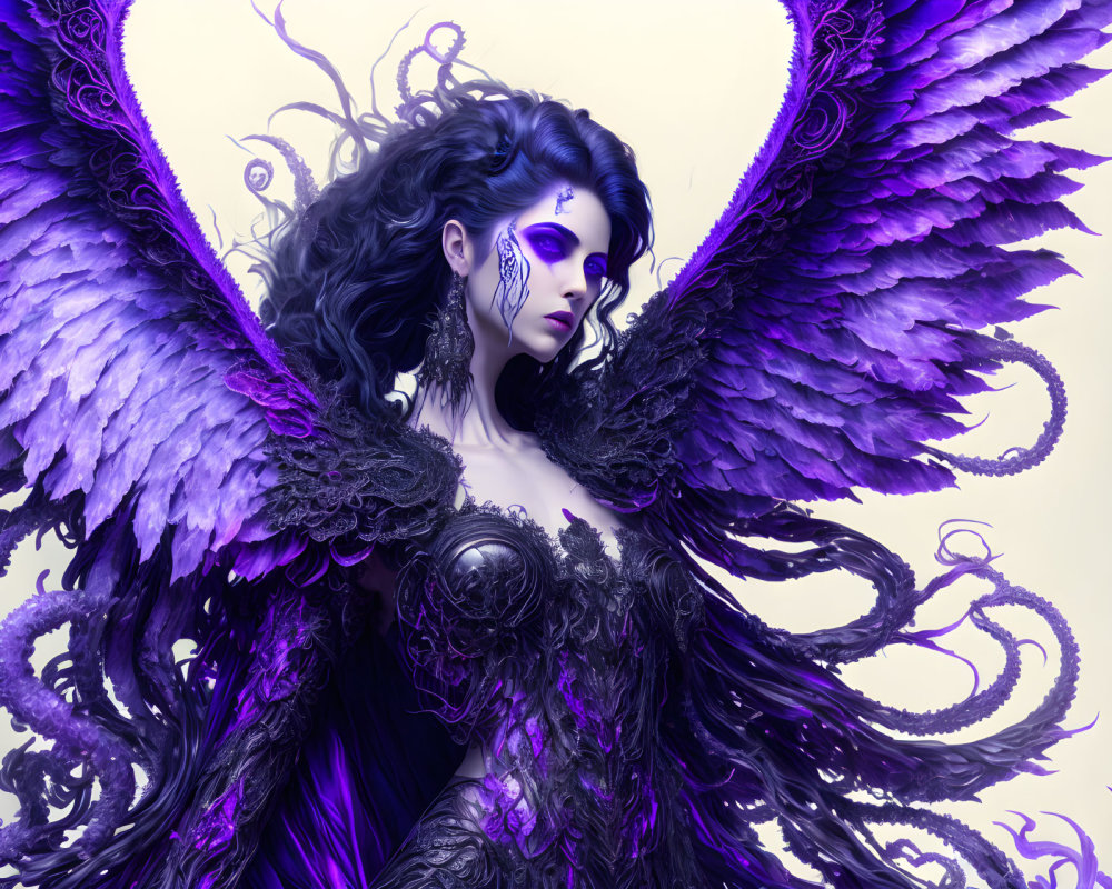 Fantasy-themed artwork of a woman with dark purple wings and intricate attire
