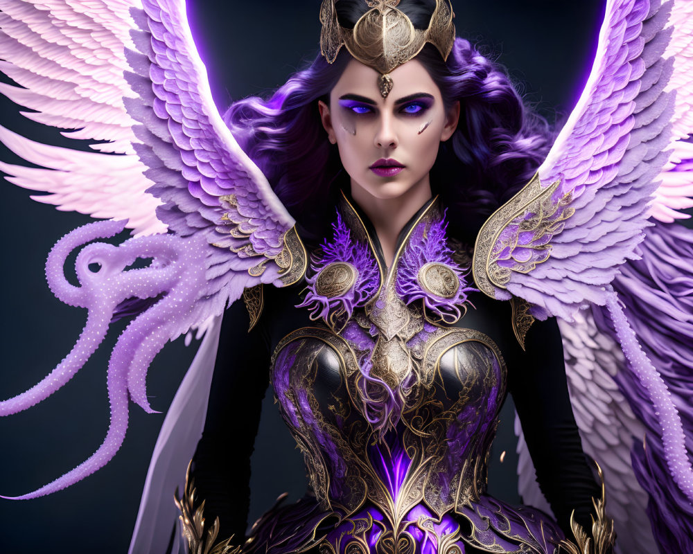 Majestic female figure in golden armor with purple wings and tentacled creature