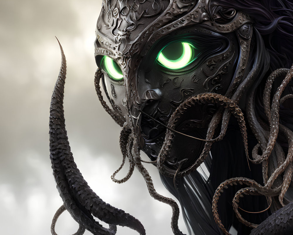 Detailed creature with green glowing eyes and black armored surface among twisting tentacles.