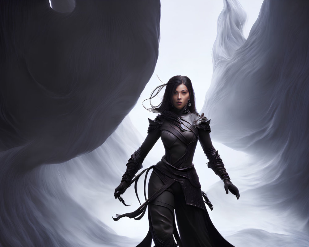 Digital artwork of woman in dark leather armor with ethereal figures in misty background