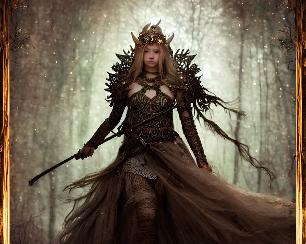 Elaborate fantasy armor with crown, breastplate, staff in mystical forest portrait