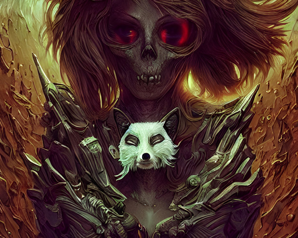 Skeletal figure with red eyes holding fox in fiery backdrop