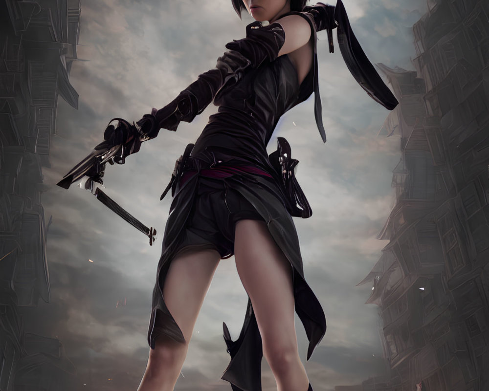 Female warrior in black with sword in dystopian cityscape